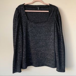 1. State Black Long Sleeve T Shirt Ribbed Square Neck Silver Sparkle Thread 3X